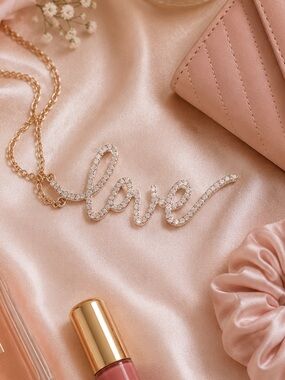 NWT Style Collection Gold with Dazzling CZ Stones Cursive LOVE Pendant Necklace